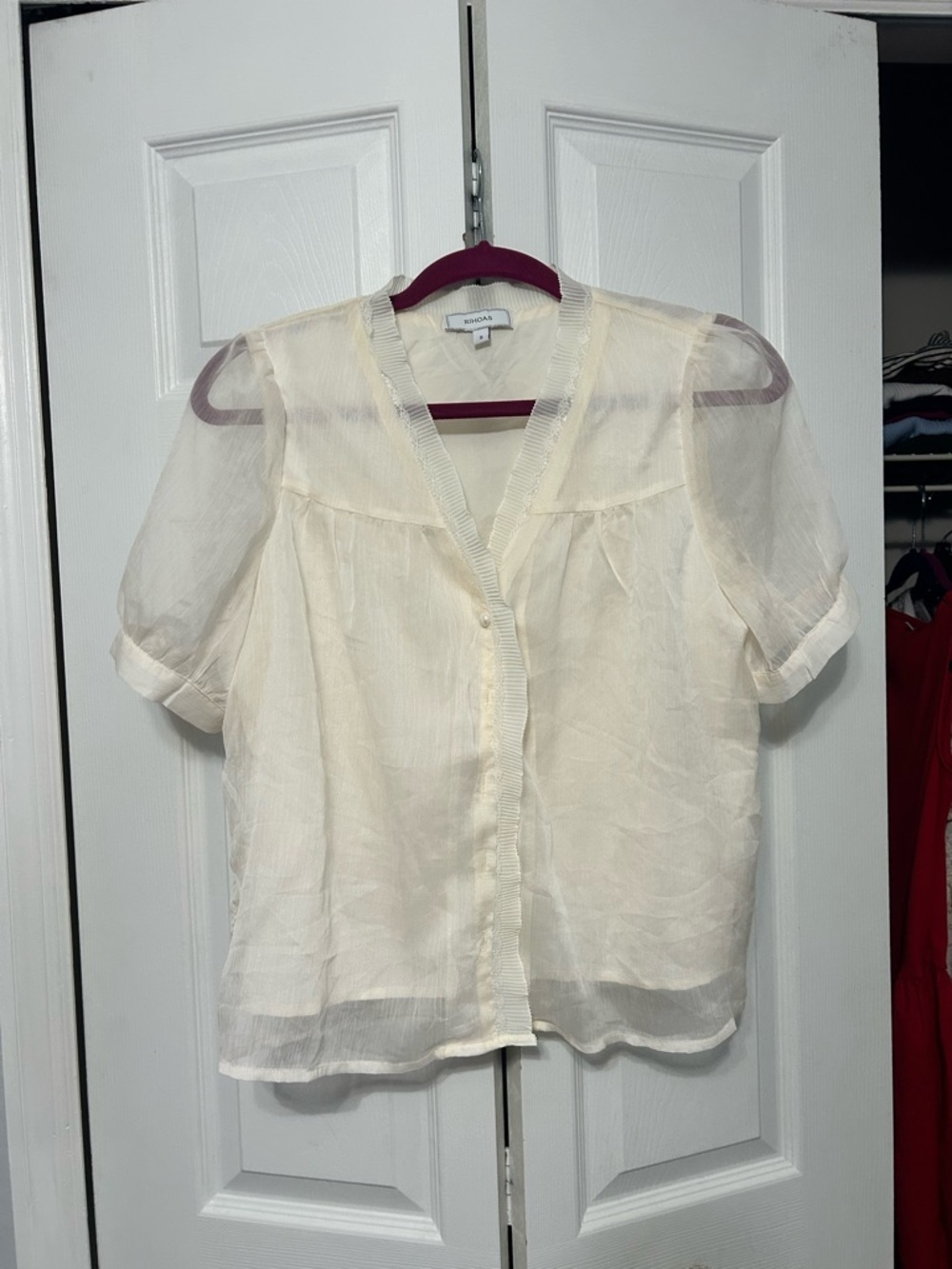 RIHOAS Sheer Ivory Short-Sleeve Button Blouse